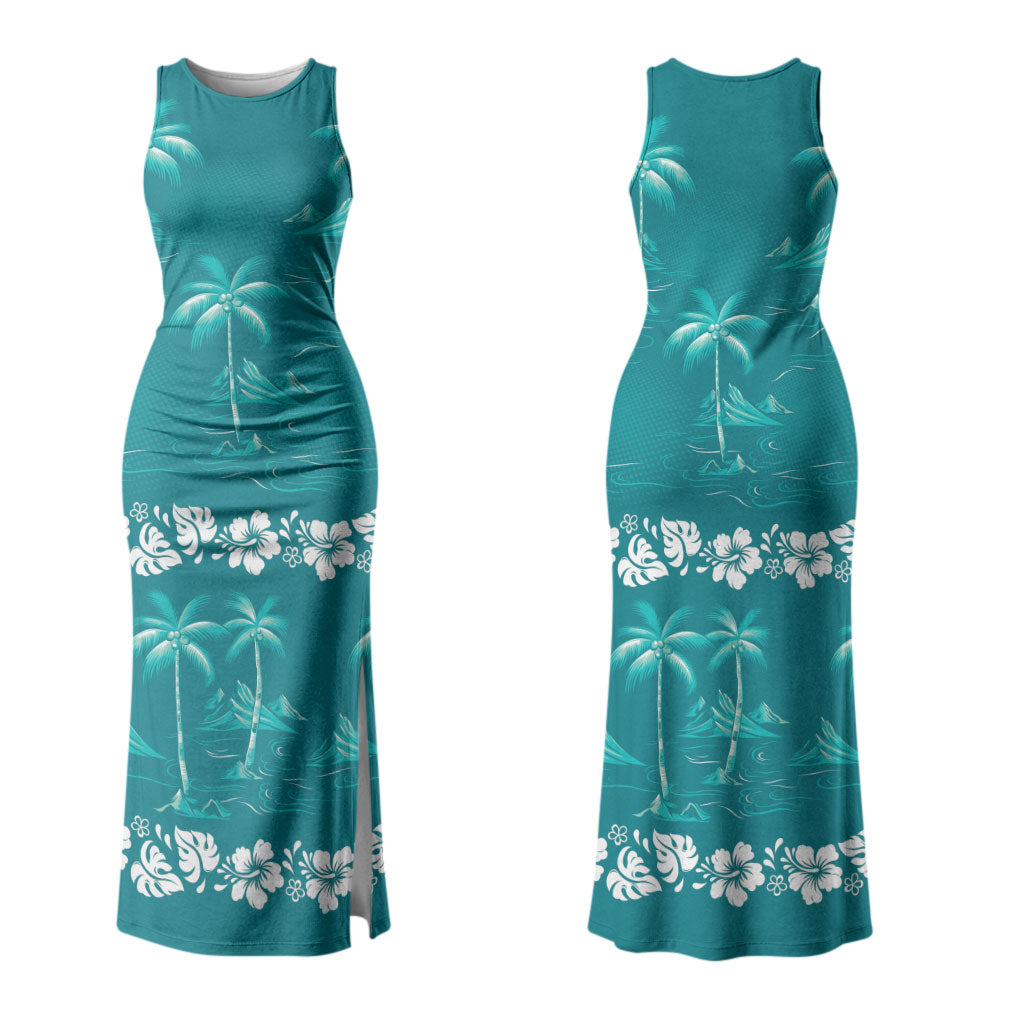 Cyan Hawaii Palm Tree Hibiscus Couples Matching Tank Maxi Dress and Hawaiian Shirt Fantasy Summer Vibe LT01 - Polynesian Pride