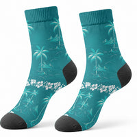 Cyan Hawaii Palm Tree Hibiscus Crew Socks Fantasy Summer Vibe LT01 - Polynesian Pride