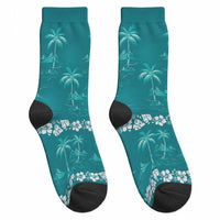 Cyan Hawaii Palm Tree Hibiscus Crew Socks Fantasy Summer Vibe LT01 - Polynesian Pride