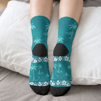 Cyan Hawaii Palm Tree Hibiscus Crew Socks Fantasy Summer Vibe LT01 - Polynesian Pride