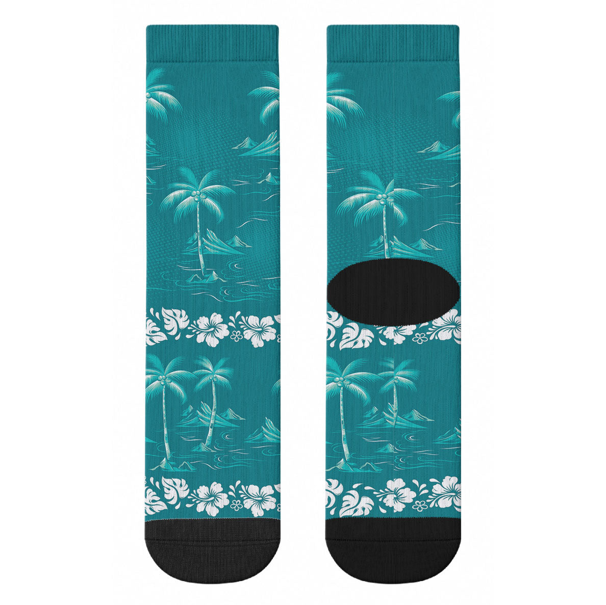 Cyan Hawaii Palm Tree Hibiscus Crew Socks Fantasy Summer Vibe LT01 - Polynesian Pride