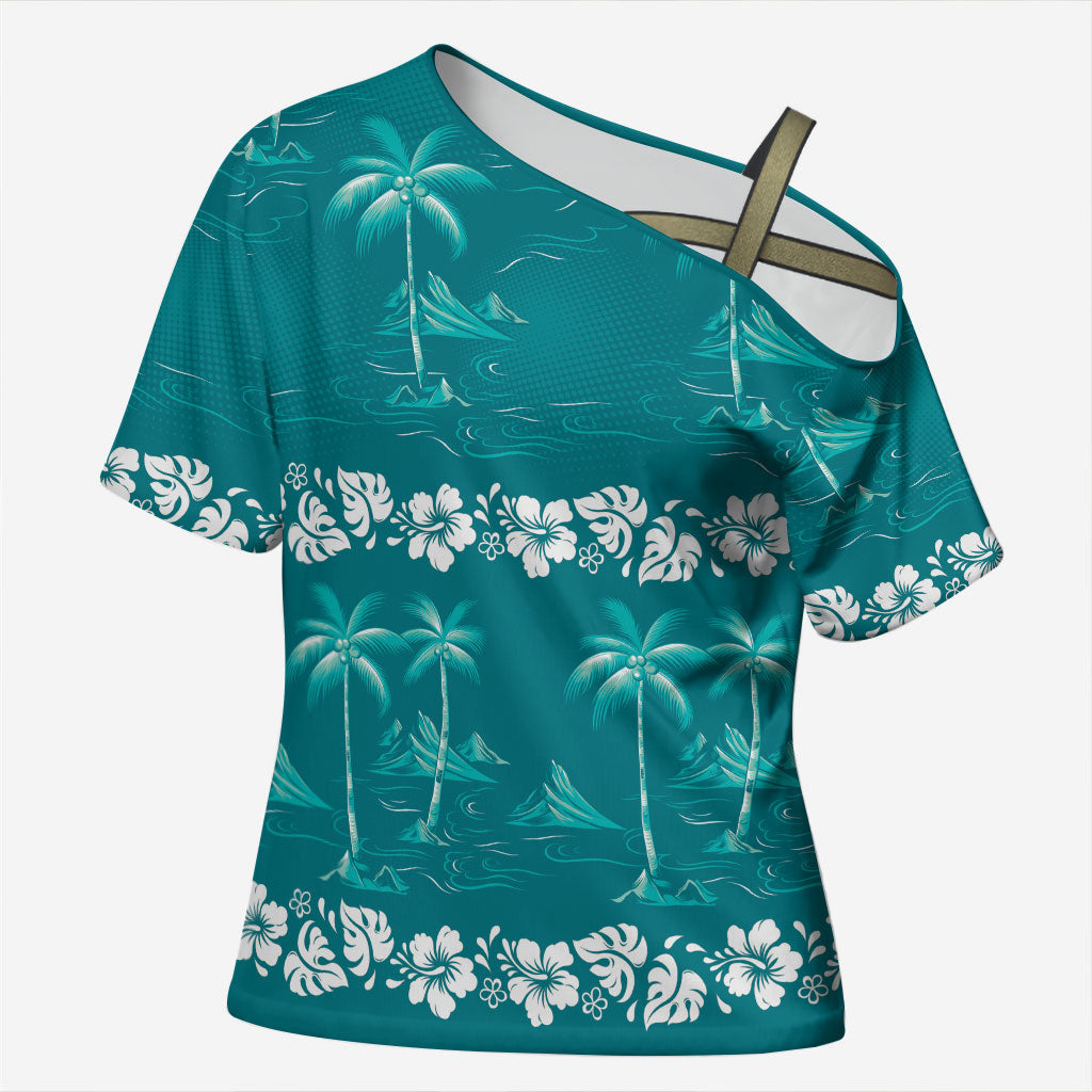 Cyan Hawaii Palm Tree Hibiscus Cross Shoulder Shirt Fantasy Summer Vibe LT01 Female Cyan - Polynesian Pride
