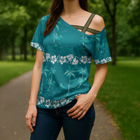 Cyan Hawaii Palm Tree Hibiscus Cross Shoulder Shirt Fantasy Summer Vibe LT01 - Polynesian Pride