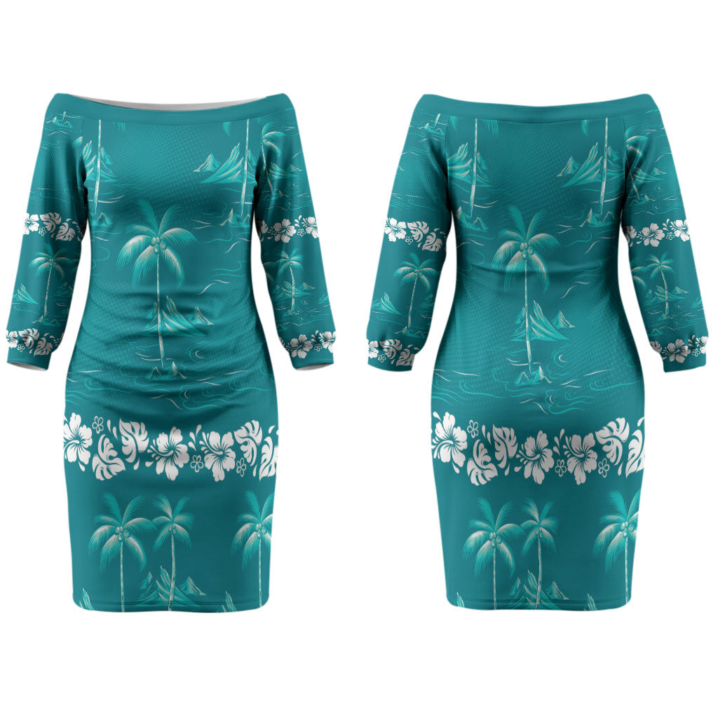 Cyan Hawaii Palm Tree Hibiscus Family Matching Off The Shoulder Long Sleeve Dress and Hawaiian Shirt Fantasy Summer Vibe LT01 Mom's Dress Cyan - Polynesian Pride