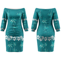 Cyan Hawaii Palm Tree Hibiscus Family Matching Off The Shoulder Long Sleeve Dress and Hawaiian Shirt Fantasy Summer Vibe LT01 Mom's Dress Cyan - Polynesian Pride