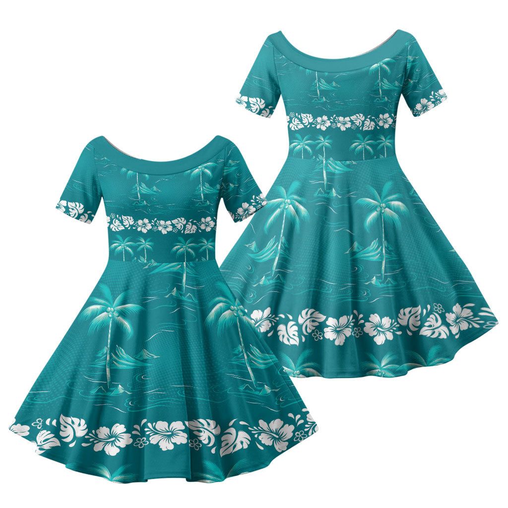 Cyan Hawaii Palm Tree Hibiscus Family Matching Off The Shoulder Long Sleeve Dress and Hawaiian Shirt Fantasy Summer Vibe LT01 Daughter's Dress Cyan - Polynesian Pride