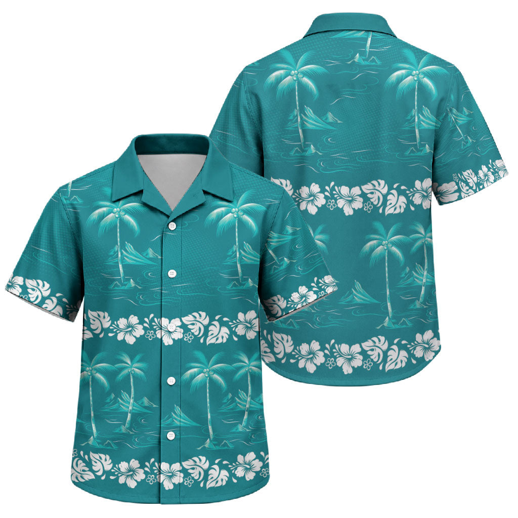 Cyan Hawaii Palm Tree Hibiscus Family Matching Off The Shoulder Long Sleeve Dress and Hawaiian Shirt Fantasy Summer Vibe LT01 Son's Shirt Cyan - Polynesian Pride