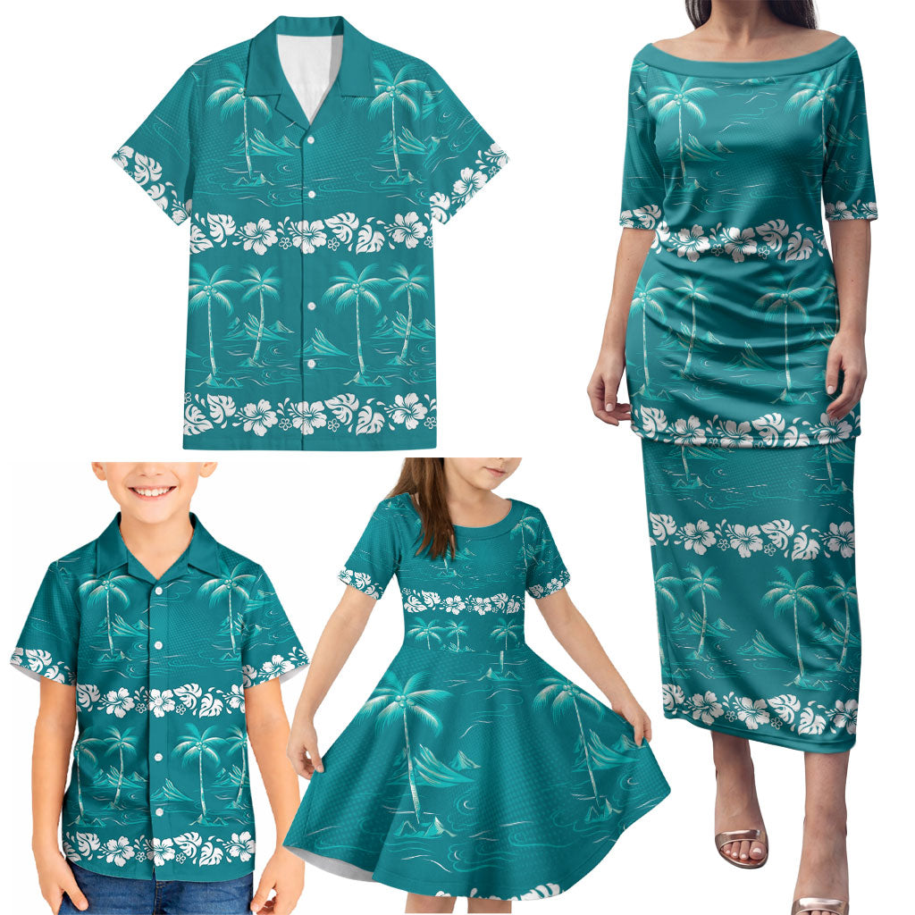 Cyan Hawaii Palm Tree Hibiscus Family Matching Puletasi and Hawaiian Shirt Fantasy Summer Vibe
