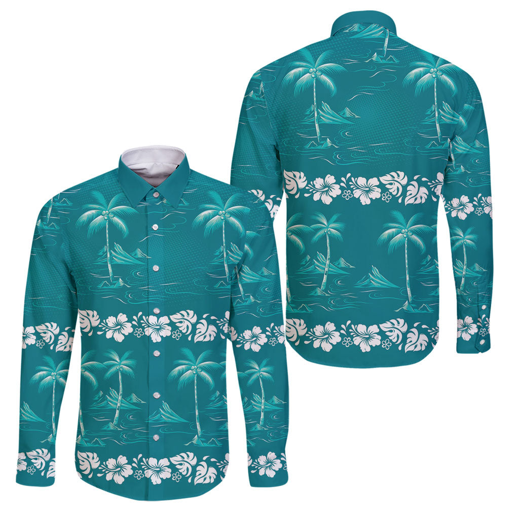 Cyan Hawaii Palm Tree Hibiscus Family Matching Tank Maxi Dress and Hawaiian Shirt Fantasy Summer Vibe LT01 Dad's Shirt - Long Sleeve Cyan - Polynesian Pride
