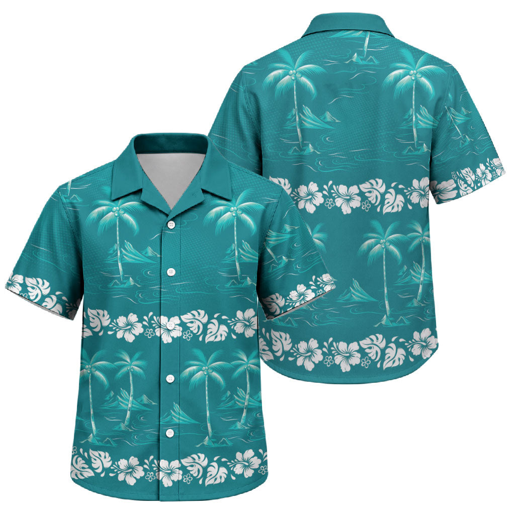 Cyan Hawaii Palm Tree Hibiscus Family Matching Tank Maxi Dress and Hawaiian Shirt Fantasy Summer Vibe LT01 Son's Shirt Cyan - Polynesian Pride