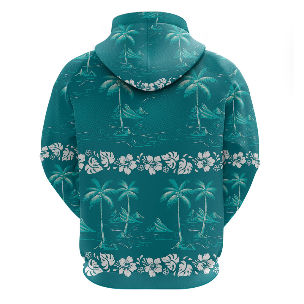 Cyan Hawaii Palm Tree Hibiscus Hoodie Fantasy Summer Vibe