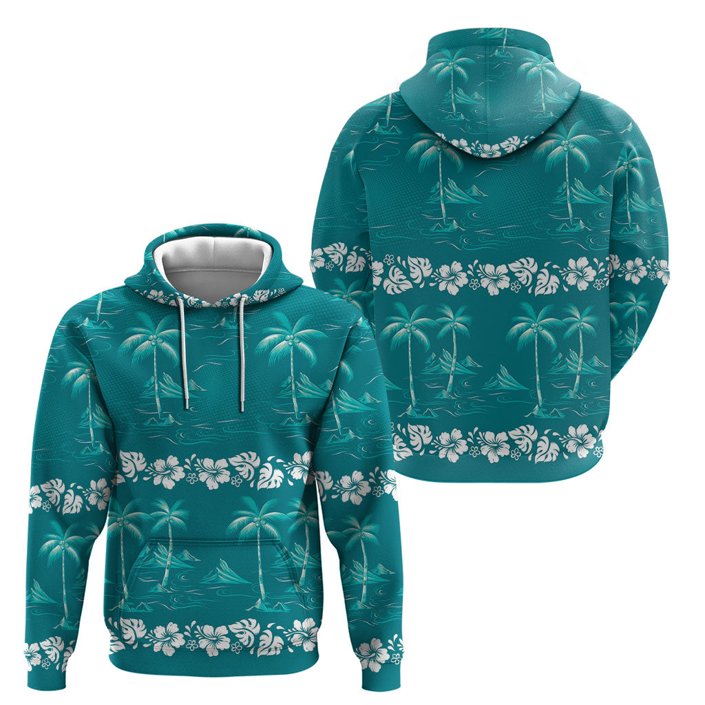 Cyan Hawaii Palm Tree Hibiscus Hoodie Fantasy Summer Vibe