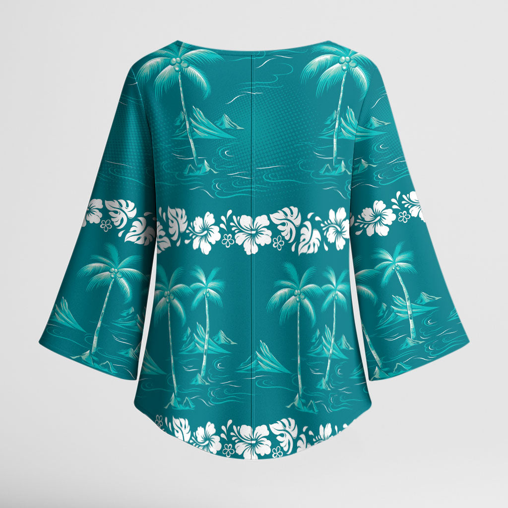 Cyan Hawaii Palm Tree Hibiscus Kimono Sleeve Blouse Fantasy Summer Vibe LT01 - Polynesian Pride