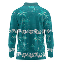 Cyan Hawaii Palm Tree Hibiscus Long Sleeve Polo Shirt Fantasy Summer Vibe LT01 - Polynesian Pride