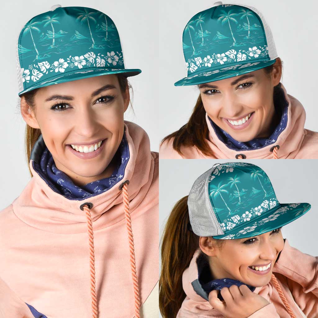 Cyan Hawaii Palm Tree Hibiscus Mesh Trucker Cap Fantasy Summer Vibe