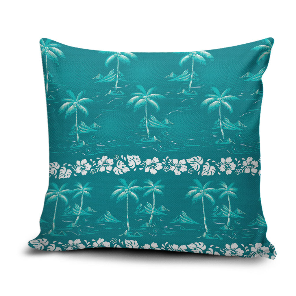 Cyan Hawaii Palm Tree Hibiscus Pillow Cover Fantasy Summer Vibe LT01 Cyan - Polynesian Pride