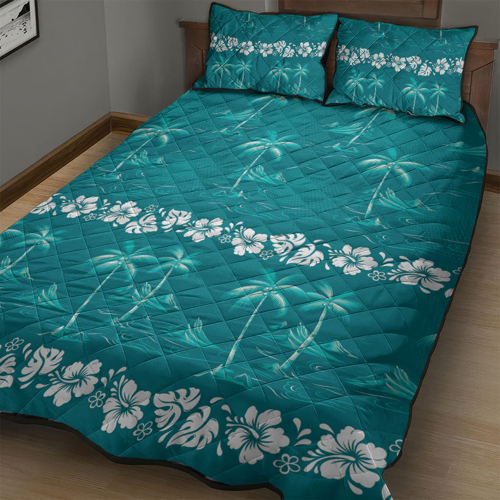 Cyan Hawaii Palm Tree Hibiscus Quilt Bed Set Fantasy Summer Vibe LT01 - Polynesian Pride