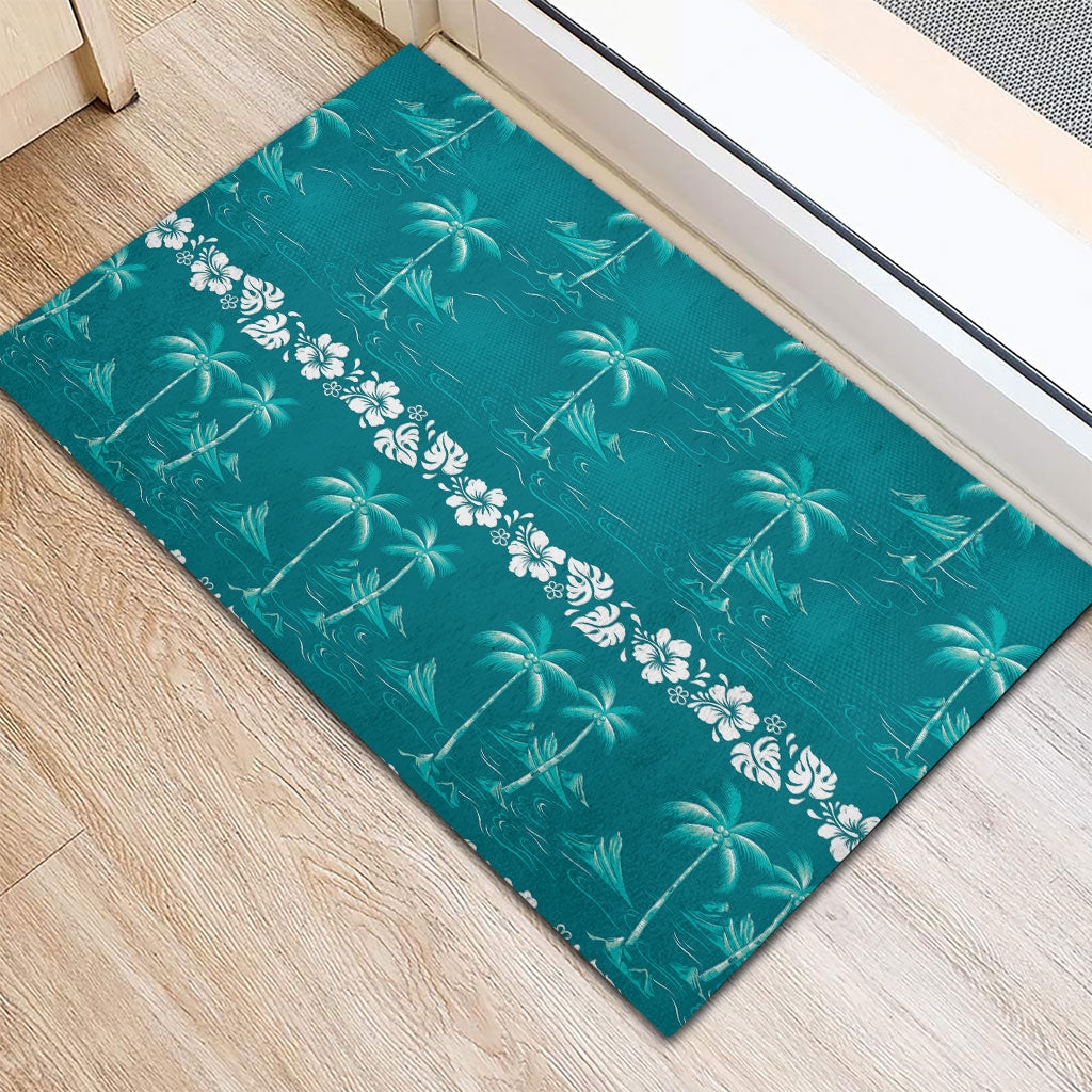 Cyan Hawaii Palm Tree Hibiscus Rubber Doormat Fantasy Summer Vibe LT01 - Polynesian Pride