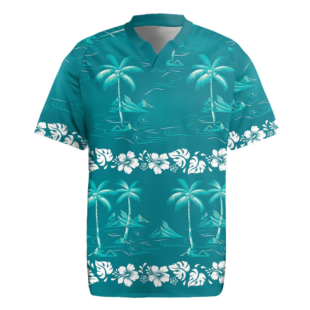 Cyan Hawaii Palm Tree Hibiscus Rugby Jersey Fantasy Summer Vibe LT01 Cyan - Polynesian Pride