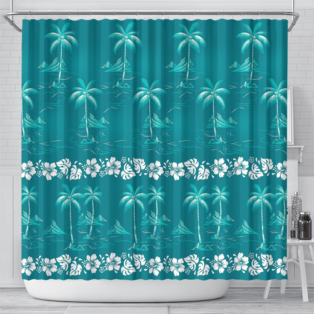 Cyan Hawaii Palm Tree Hibiscus Shower Curtain Fantasy Summer Vibe LT01 - Polynesian Pride