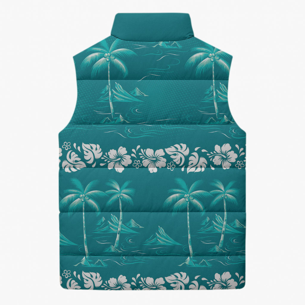Cyan Hawaii Palm Tree Hibiscus Sleeveless Puffer Jacket Fantasy Summer Vibe LT01 - Polynesian Pride