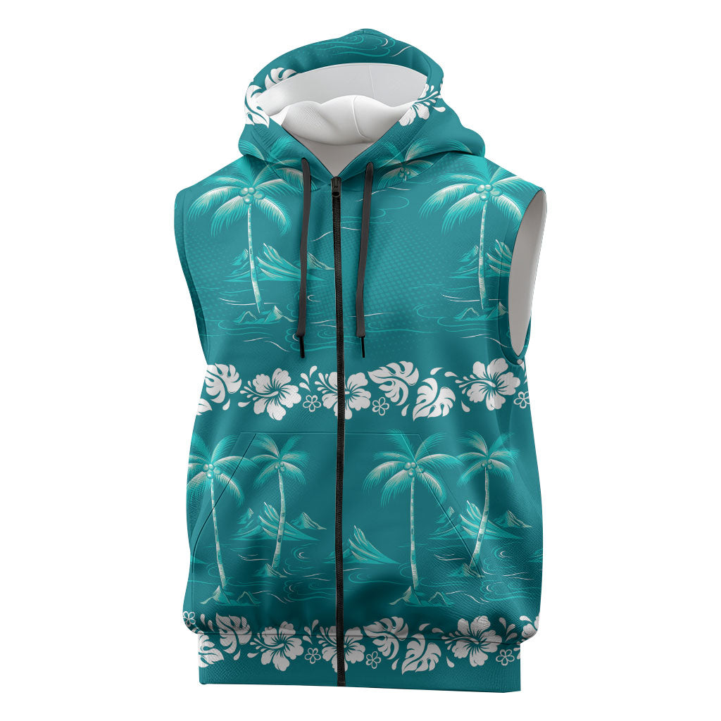 Cyan Hawaii Palm Tree Hibiscus Sleeveless Zip Hoodie Fantasy Summer Vibe