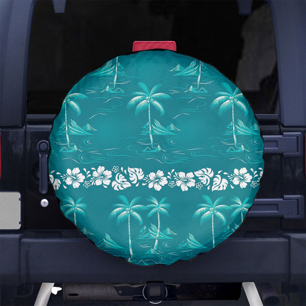 Cyan Hawaii Palm Tree Hibiscus Spare Tire Cover Fantasy Summer Vibe LT01 No hole Cyan - Polynesian Pride