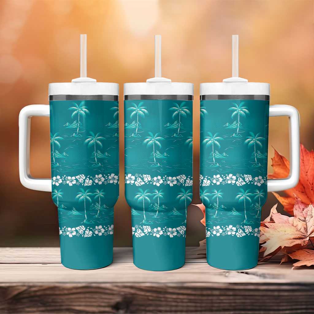 Cyan Hawaii Palm Tree Hibiscus Tumbler With Handle Fantasy Summer Vibe LT01 - Polynesian Pride