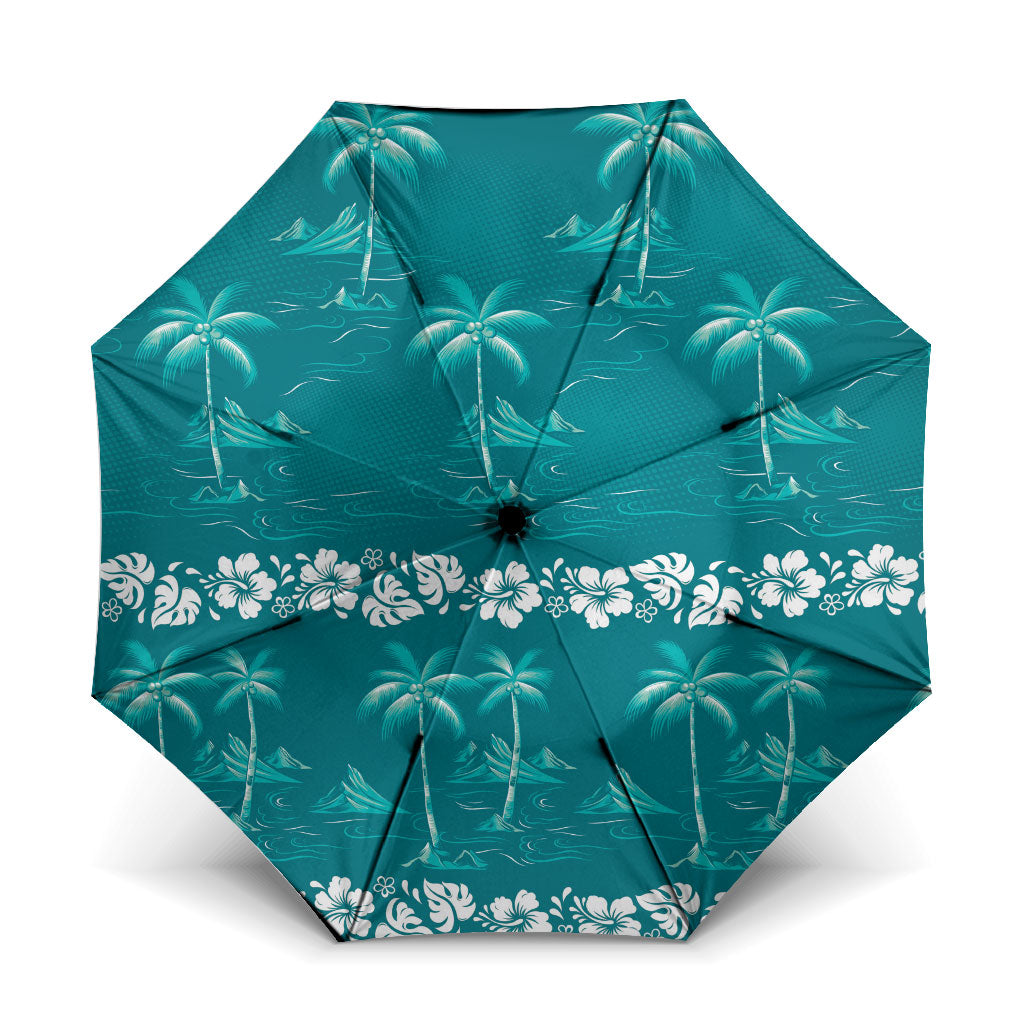 Cyan Hawaii Palm Tree Hibiscus Umbrella Fantasy Summer Vibe LT01 One Size Folded 11.42 inch Opened Diameter 37.4 inch Cyan - Polynesian Pride