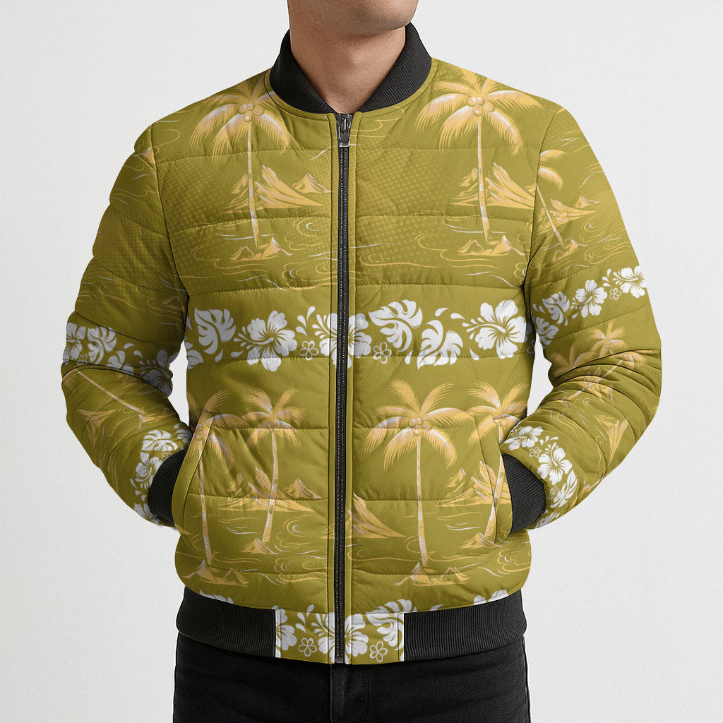 Yellow Hawaii Palm Tree Hibiscus Bomber Puffer Jacket Fantasy Summer Vibe LT01 - Polynesian Pride