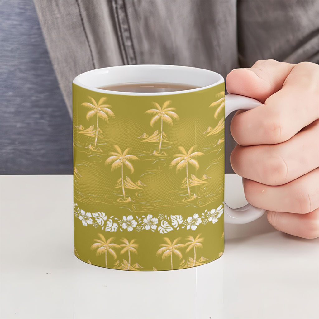 Yellow Hawaii Palm Tree Hibiscus Ceramic Mug Fantasy Summer Vibe LT01 - Polynesian Pride