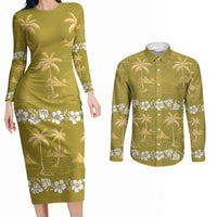 Yellow Hawaii Palm Tree Hibiscus Couples Matching Long Sleeve Bodycon Dress and Long Sleeve Button Shirt Fantasy Summer Vibe LT01 Yellow - Polynesian Pride