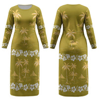 Yellow Hawaii Palm Tree Hibiscus Couples Matching Long Sleeve Bodycon Dress and Long Sleeve Button Shirt Fantasy Summer Vibe LT01 - Polynesian Pride