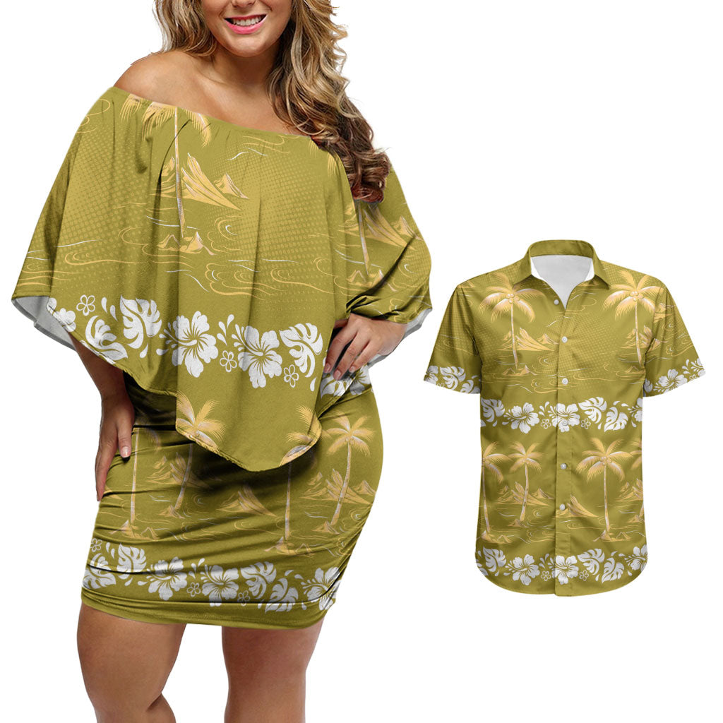 Yellow Hawaii Palm Tree Hibiscus Couples Matching Off Shoulder Short Dress and Hawaiian Shirt Fantasy Summer Vibe LT01 Yellow - Polynesian Pride