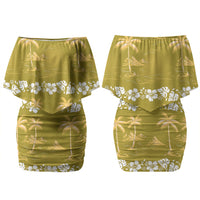 Yellow Hawaii Palm Tree Hibiscus Couples Matching Off Shoulder Short Dress and Long Sleeve Button Shirt Fantasy Summer Vibe LT01 - Polynesian Pride
