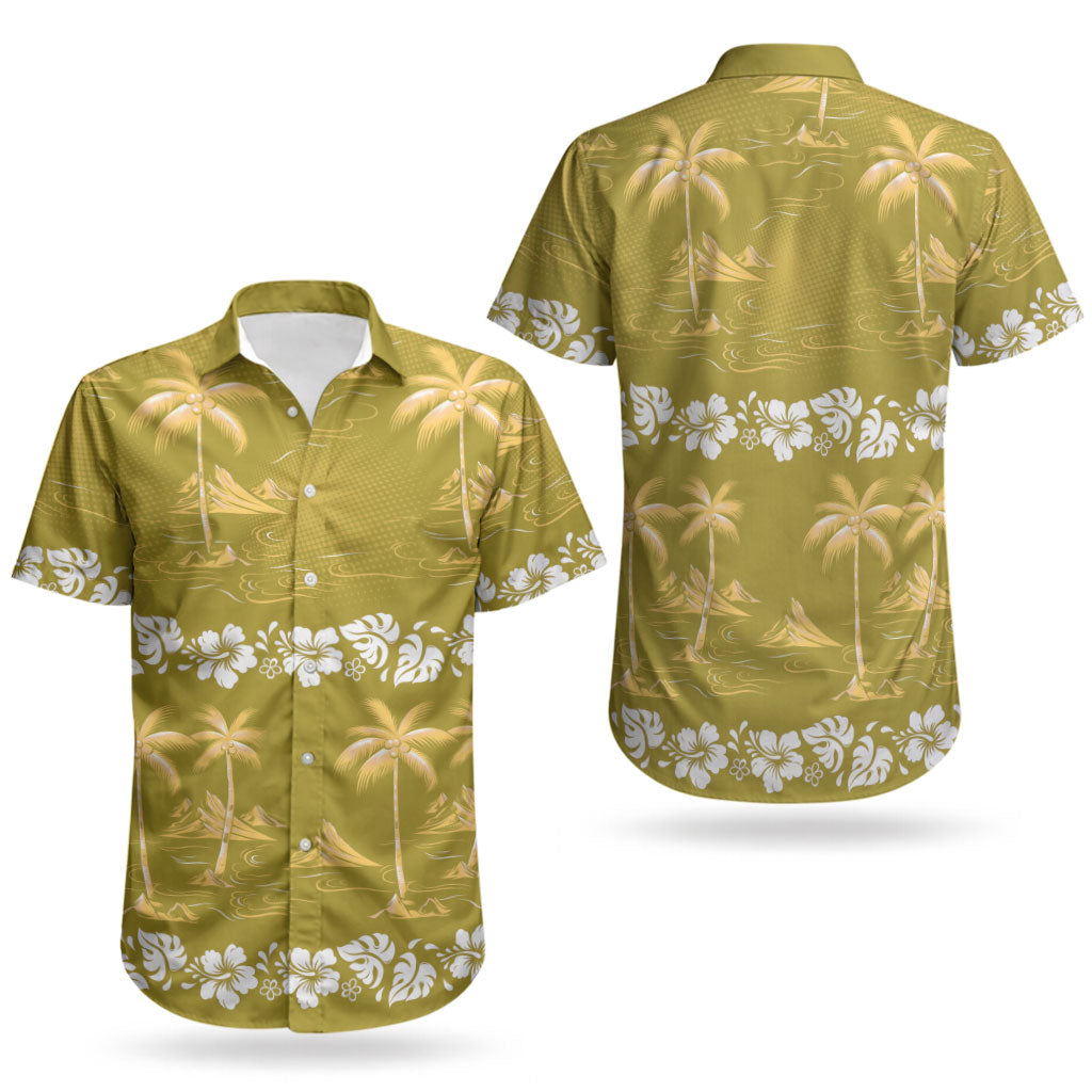 Yellow Hawaii Palm Tree Hibiscus Couples Matching Off The Shoulder Long Sleeve Dress and Hawaiian Shirt Fantasy Summer Vibe LT01 - Polynesian Pride