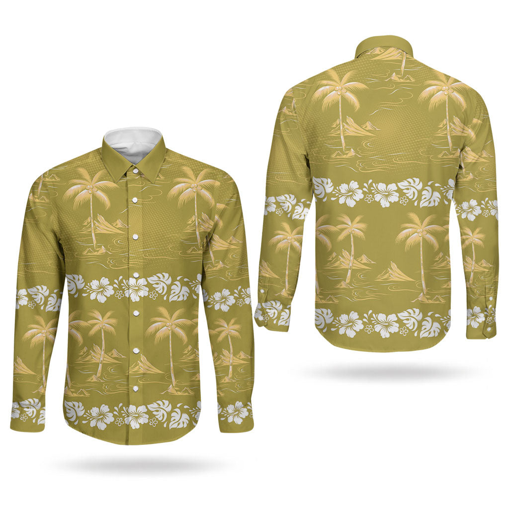 Yellow Hawaii Palm Tree Hibiscus Couples Matching Tank Maxi Dress and Long Sleeve Button Shirt Fantasy Summer Vibe LT01 - Polynesian Pride