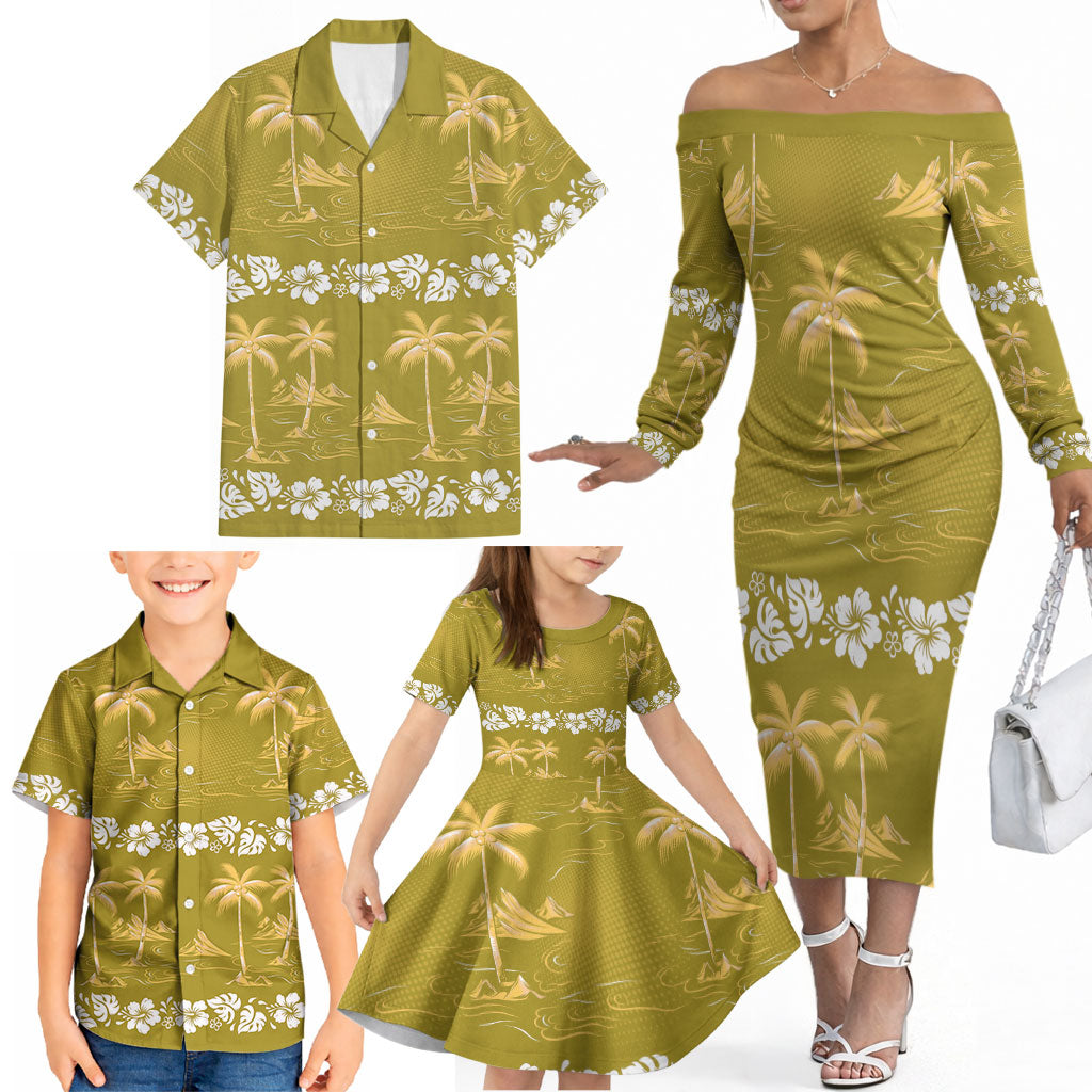 Yellow Hawaii Palm Tree Hibiscus Family Matching Off The Shoulder Long Sleeve Dress and Hawaiian Shirt Fantasy Summer Vibe LT01 - Polynesian Pride
