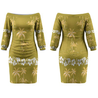 Yellow Hawaii Palm Tree Hibiscus Family Matching Off The Shoulder Long Sleeve Dress and Hawaiian Shirt Fantasy Summer Vibe LT01 Mom's Dress Yellow - Polynesian Pride