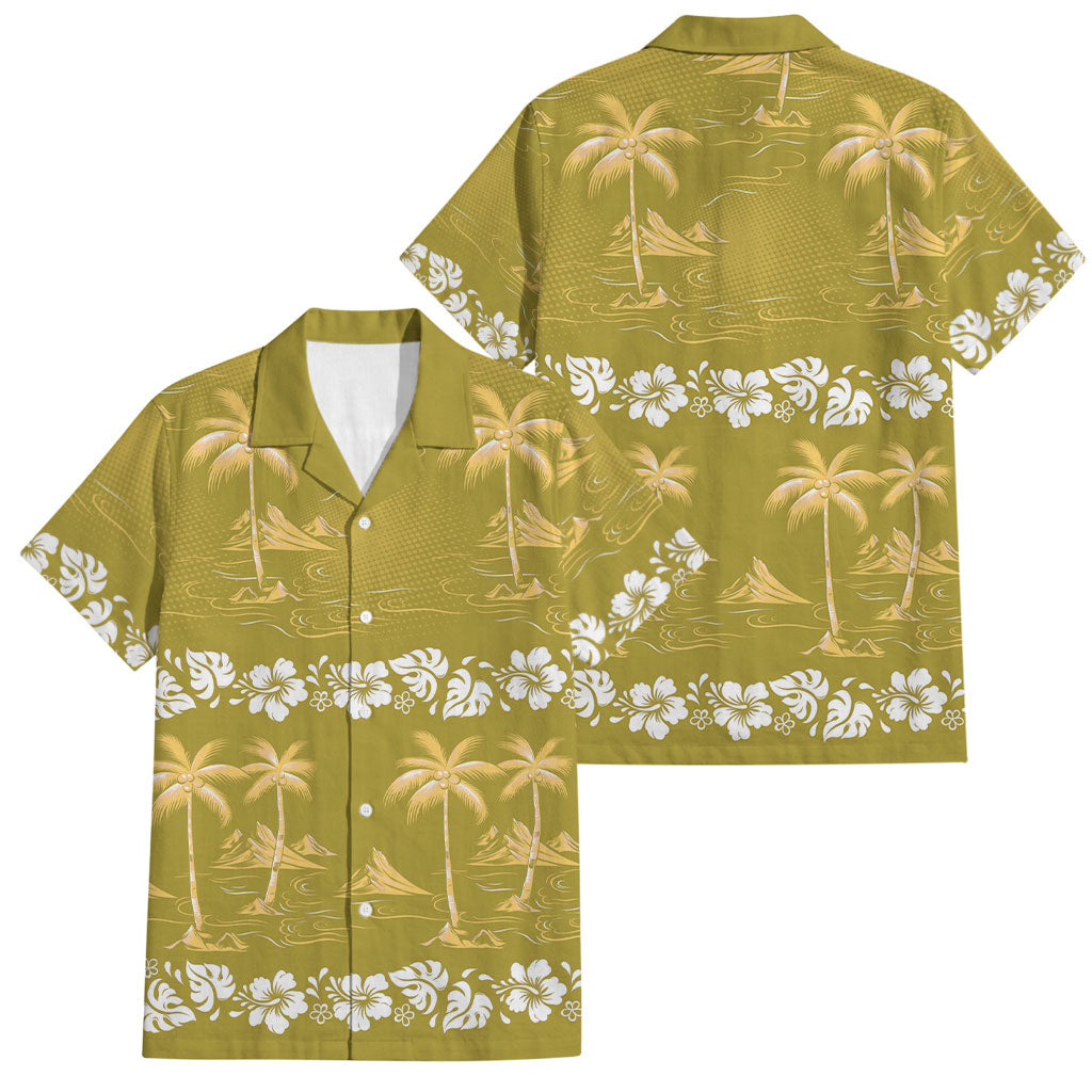 Yellow Hawaii Palm Tree Hibiscus Family Matching Off The Shoulder Long Sleeve Dress and Hawaiian Shirt Fantasy Summer Vibe LT01 Dad's Shirt - Short Sleeve Yellow - Polynesian Pride