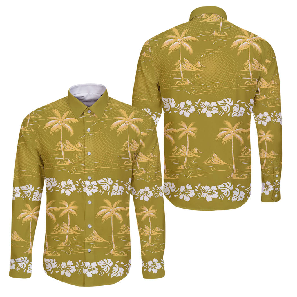Yellow Hawaii Palm Tree Hibiscus Family Matching Short Sleeve Bodycon Dress and Hawaiian Shirt Fantasy Summer Vibe LT01 Dad's Shirt - Long Sleeve Yellow - Polynesian Pride