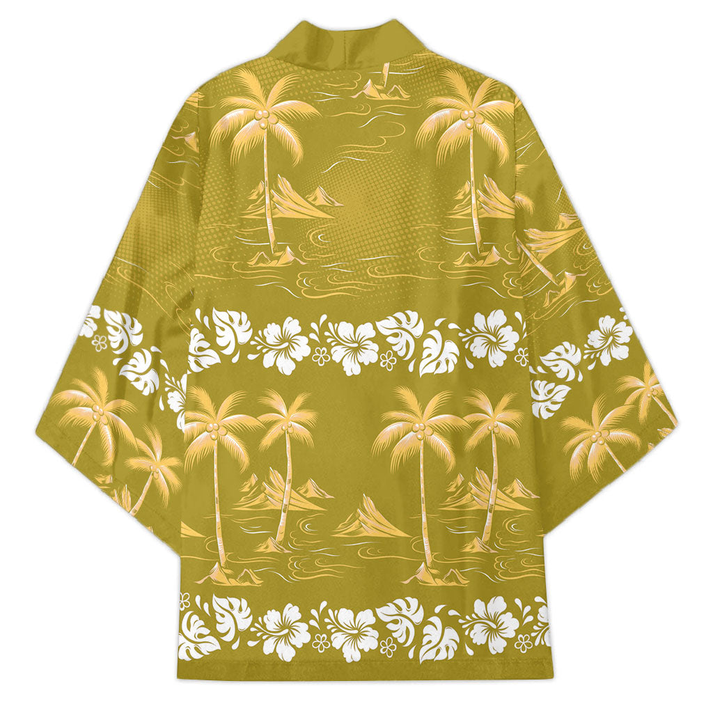 Yellow Hawaii Palm Tree Hibiscus Kimono Fantasy Summer Vibe LT01 - Polynesian Pride