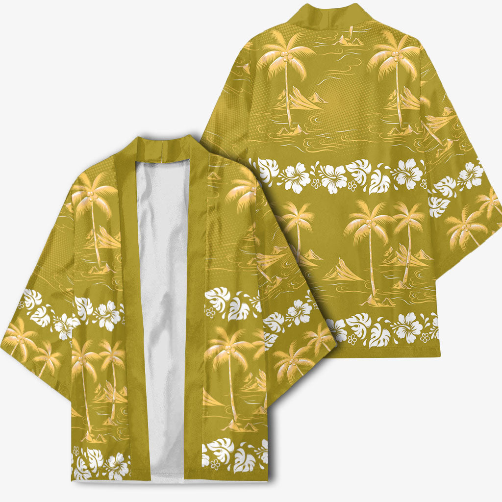 Yellow Hawaii Palm Tree Hibiscus Kimono Fantasy Summer Vibe LT01 - Polynesian Pride