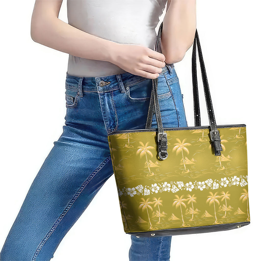 Yellow Hawaii Palm Tree Hibiscus Leather Tote Bag Fantasy Summer Vibe LT01 - Polynesian Pride