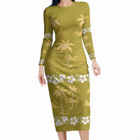 Yellow Hawaii Palm Tree Hibiscus Long Sleeve Bodycon Dress Fantasy Summer Vibe LT01 Long Dress Yellow - Polynesian Pride