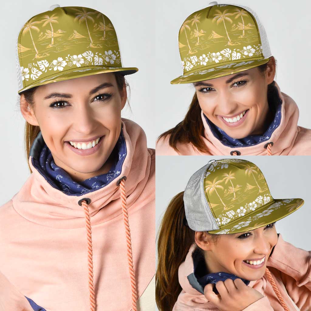 Yellow Hawaii Palm Tree Hibiscus Mesh Trucker Cap Fantasy Summer Vibe