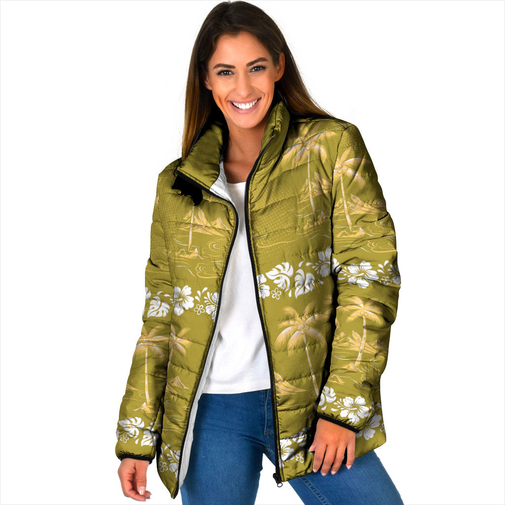 Yellow Hawaii Palm Tree Hibiscus Padded Jacket Fantasy Summer Vibe