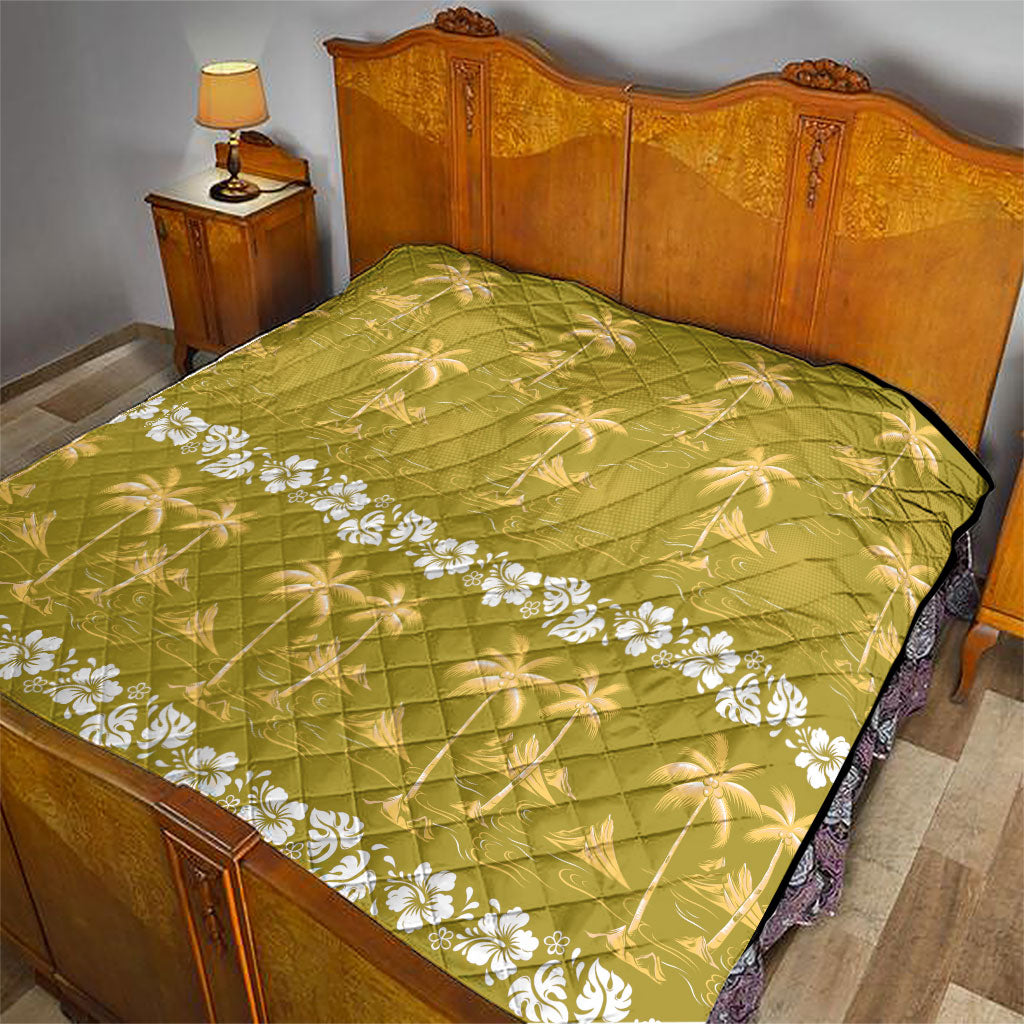 Yellow Hawaii Palm Tree Hibiscus Quilt Fantasy Summer Vibe LT01 - Polynesian Pride