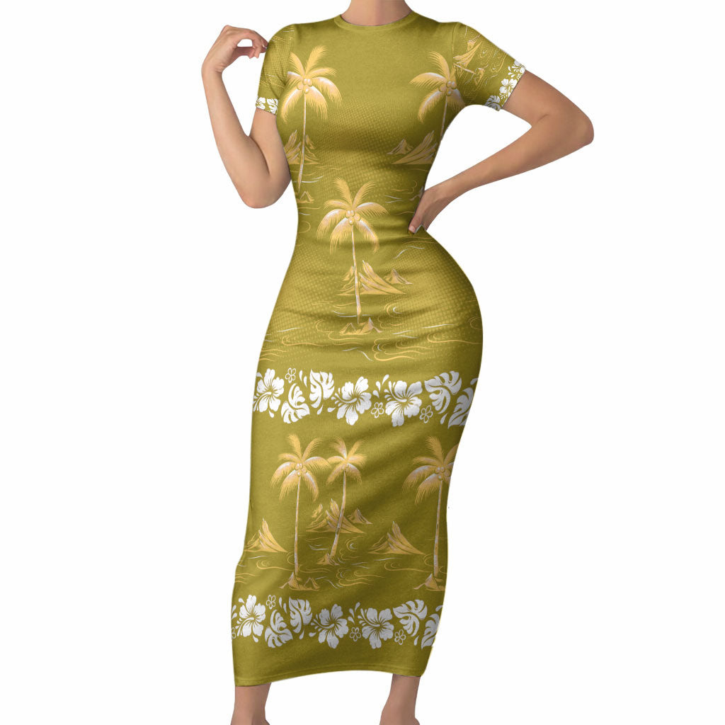 Yellow Hawaii Palm Tree Hibiscus Short Sleeve Bodycon Dress Fantasy Summer Vibe