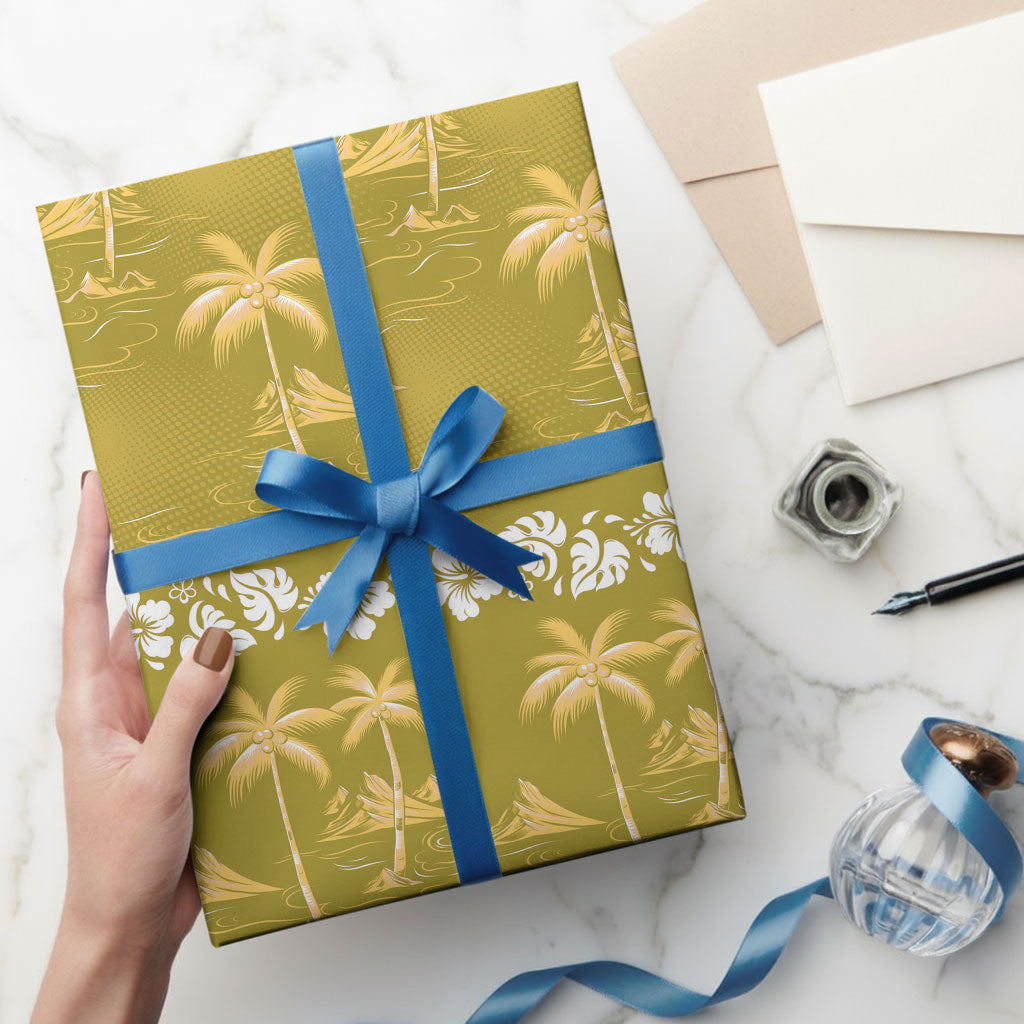 Yellow Hawaii Palm Tree Hibiscus Wrapping Paper Fantasy Summer Vibe LT01 - Polynesian Pride